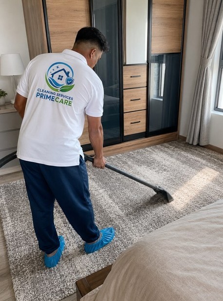 Carpet cleaning service in Malaysia — Cleaning Services Primecare technician extracting a bedroom carpet